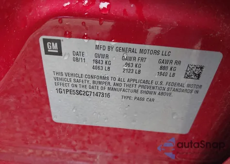 2012 Chevrolet Cruze Lt из США, поврежденный, VIN 1G1PE5SC2C7147316